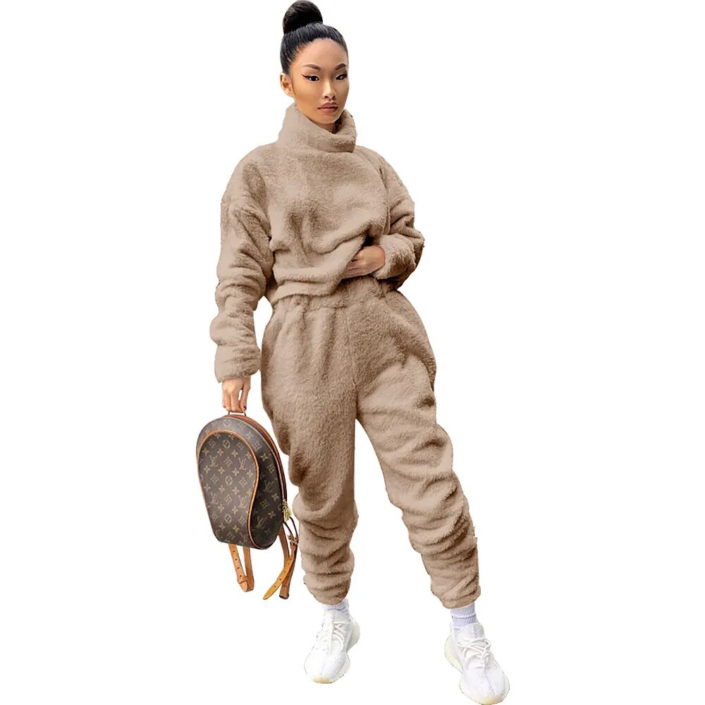 Fleece Hoodie Long Sleeve Sweatshirt + Matching Sweatpants 2-Piece Set