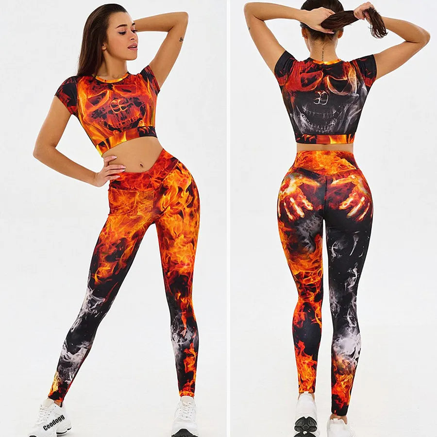 Spandex Fire Skull Fingers/Tie-Dye Print 2-Piece Workout Gym Yoga Set: Skinny Gym Crop Tops + Seamless Push Up Leggings