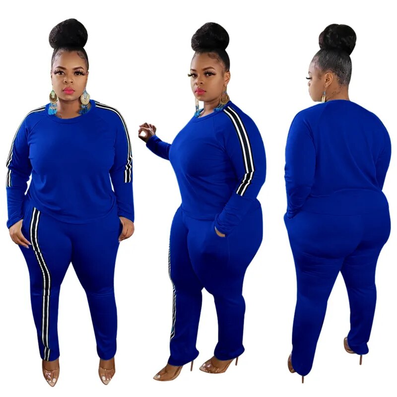 Solid O-Neck Side Striped Women's Long Sleeved Sweatshirt + Matching Sweatpants Tracksuit Sweatsuit to 5X Plus Size