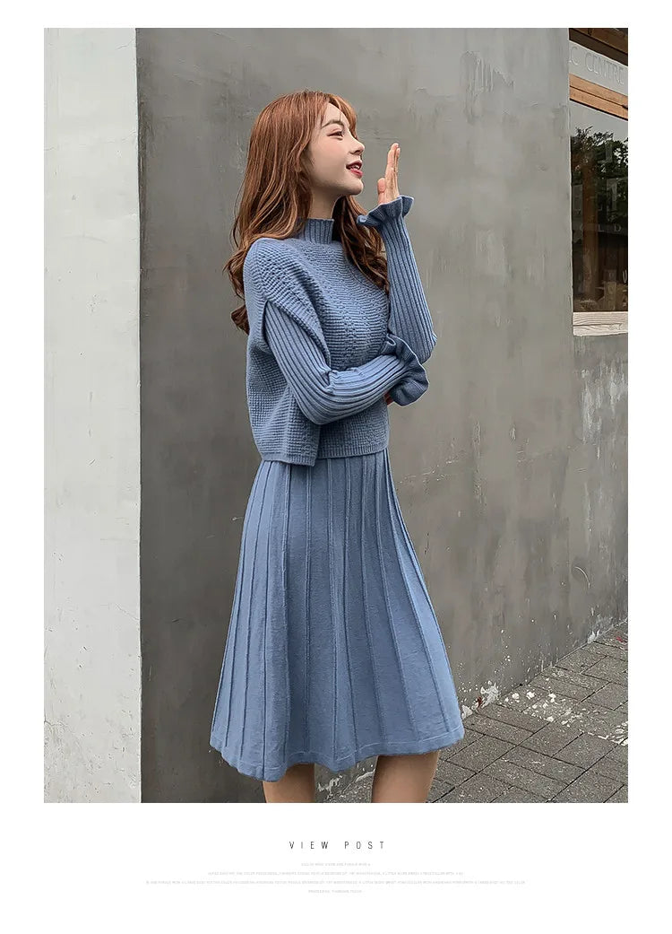 Solid Long Sleeve Pullover Sweater + Knitted Pleated Midi Skirt 2-Piece Set