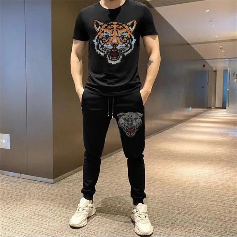 Crystal Tiger/Wolf/Leopard/Bear Men's Designer Hot Drill Rhinestone Short Sleeve O-Neck T-Shirt + Drawstring Sweatpants 2-Piece Set