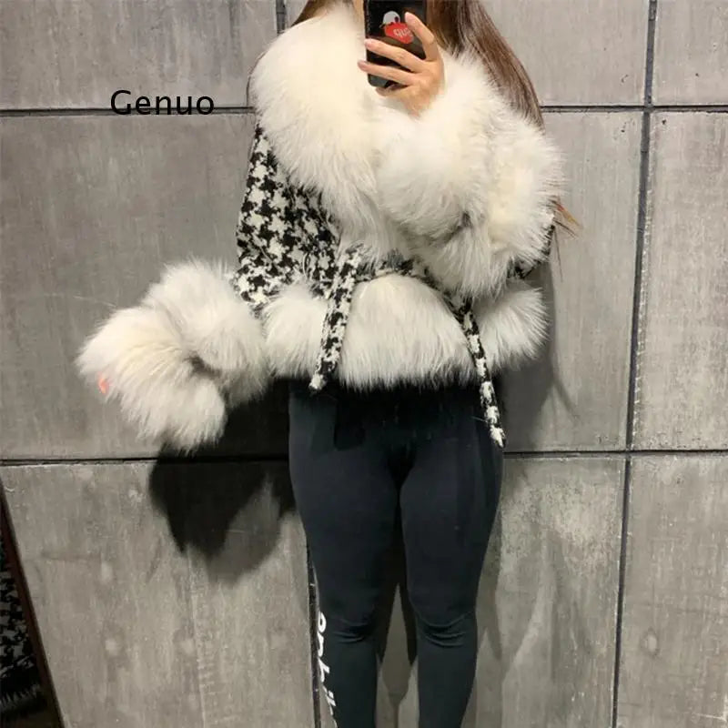 Faux Fur Collar Ladies Tie Sash Belt Houndstooth Jacket