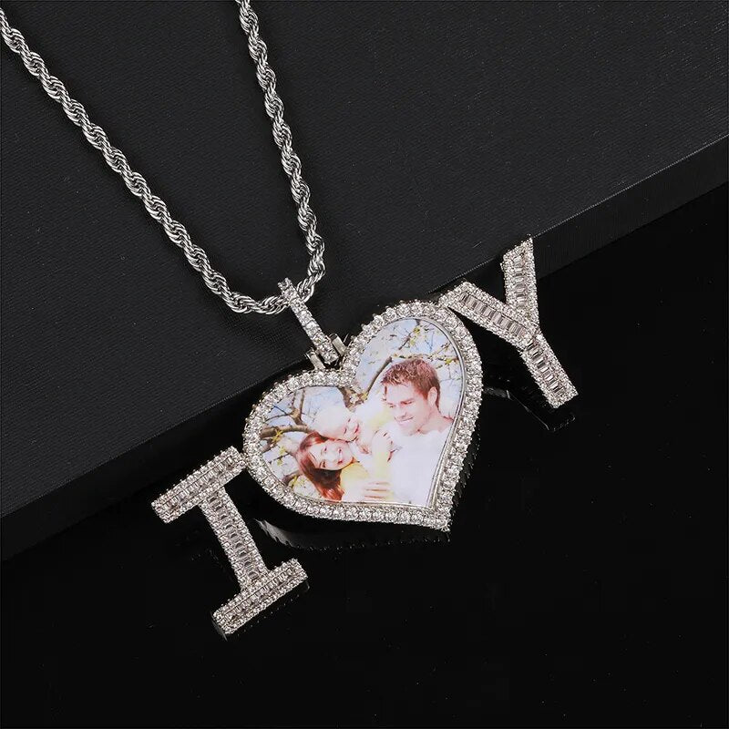 Custom Name Photo Heart Pendant Shape CZ Baguette Stone Necklace Chain