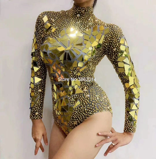 Sparkling Metallic Geometric Rhinestone Mirror Performance Bodysuit Costume