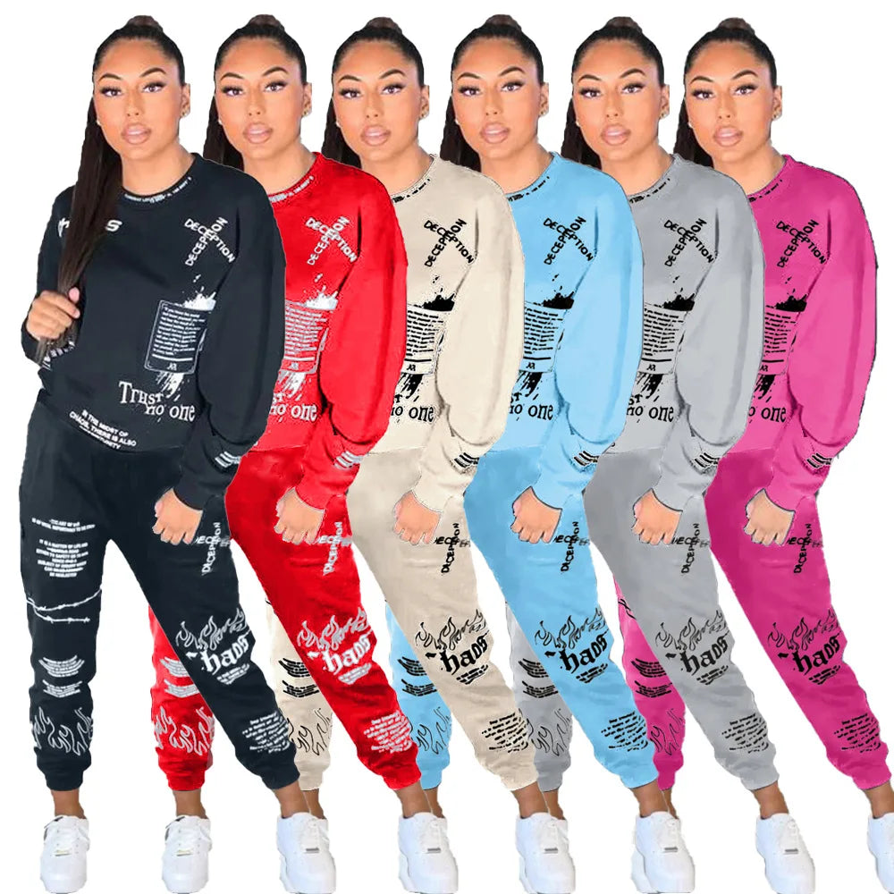 Women Tracksuit 2 Pieces Set Autumn Letter Printed Oversized Hoodies Sweatshirt Pants Suit Sweatpants Outfits Matching Sets