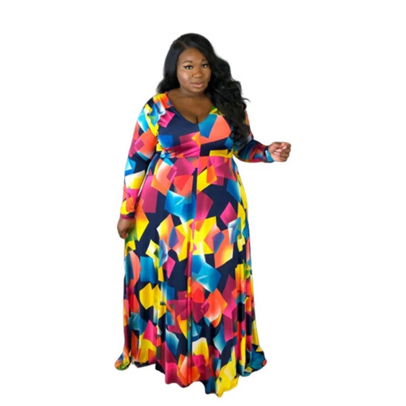 Geometric Multicolored Women's Long Sleeve V-Neck Maxi Dress to 5X