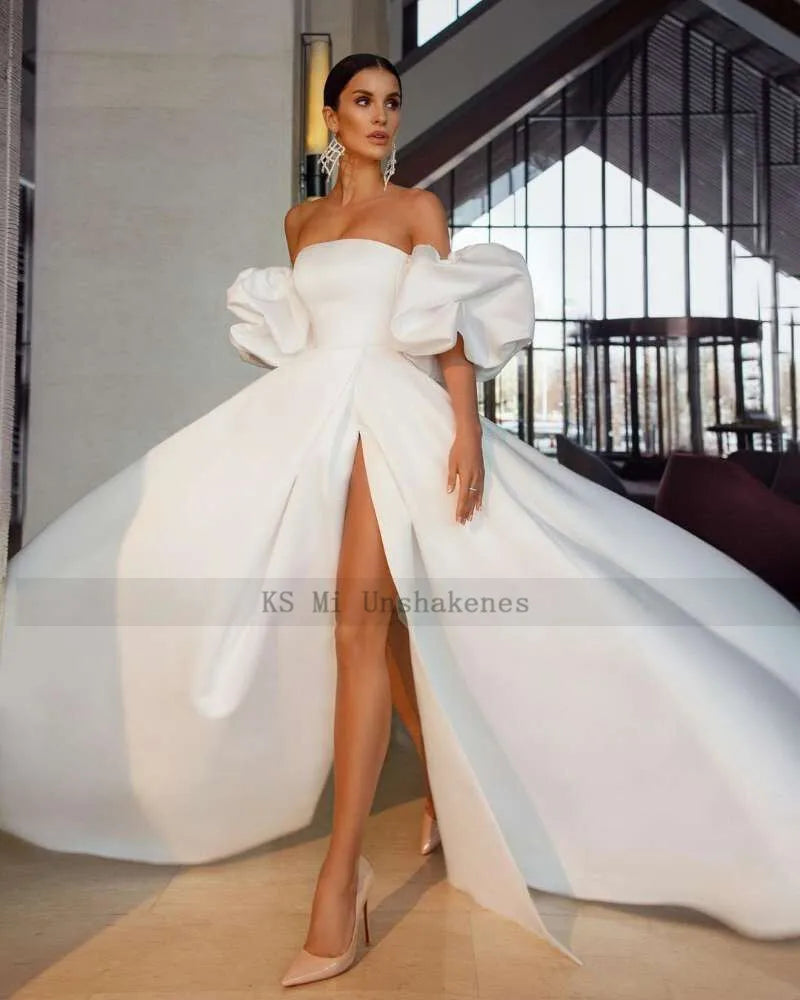 Satin Customized Off-the-Shoulder White Puff Sleeve High Side Split Strapless A-Line Bridal Wedding Gown Dress