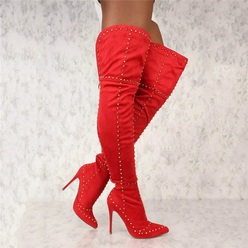 Red Metal Stud Rivet Embellished Over-the-Knee Thigh High Stiletto Heel Boots