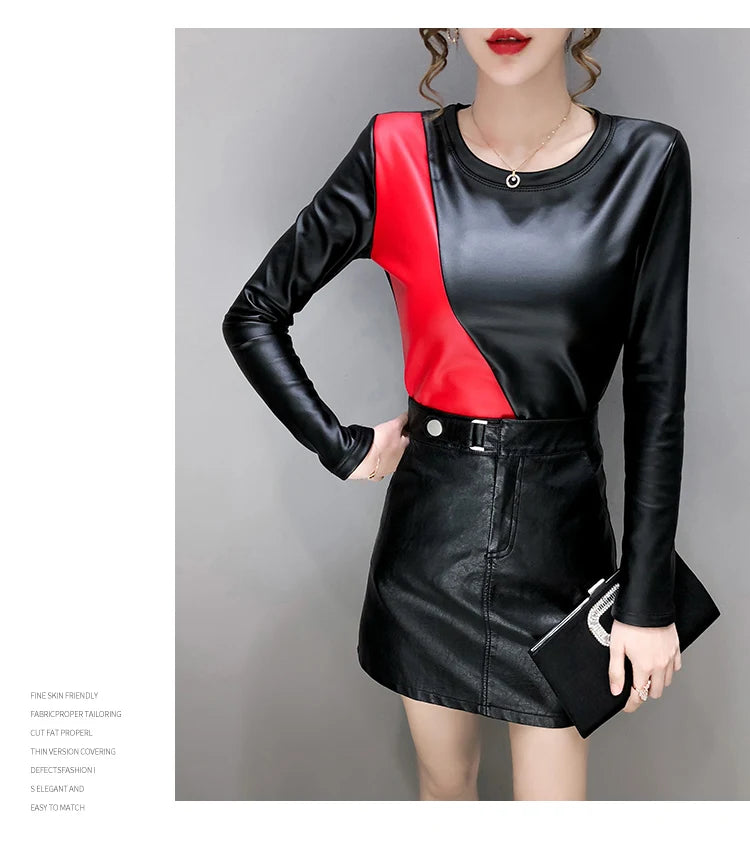 PU Leather O-Neck Colorblock/Solid Velvet Lined Long Sleeve Patchwork Elastic Women's Shirt to 4X Plus Size