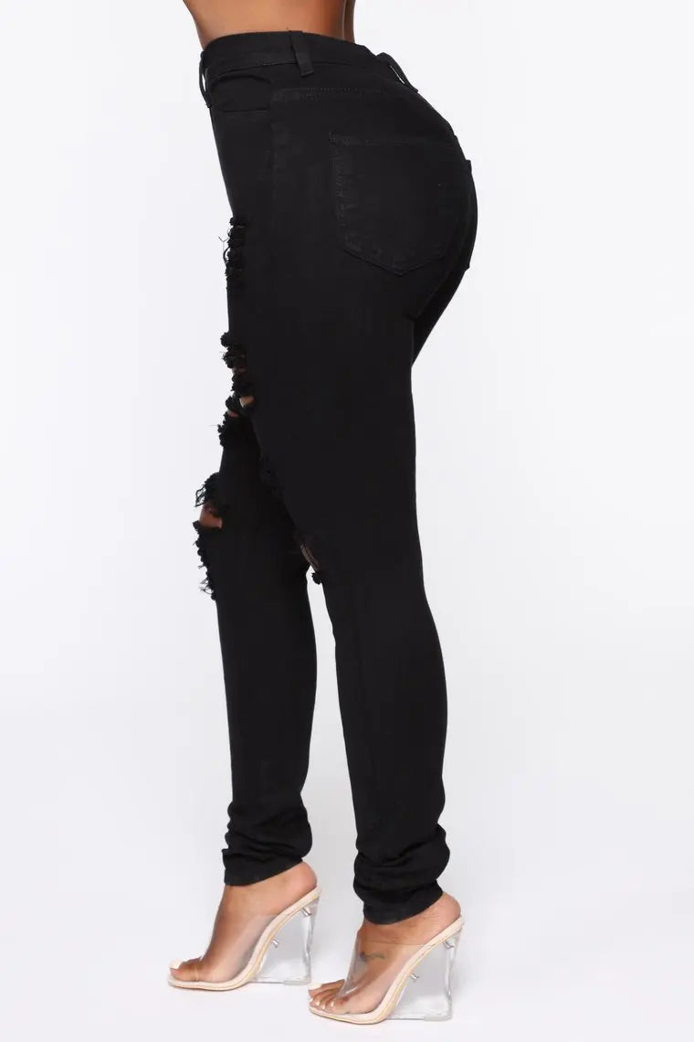 Ripped Black Ladies High Waist Stretch Skinny Denim Jeans