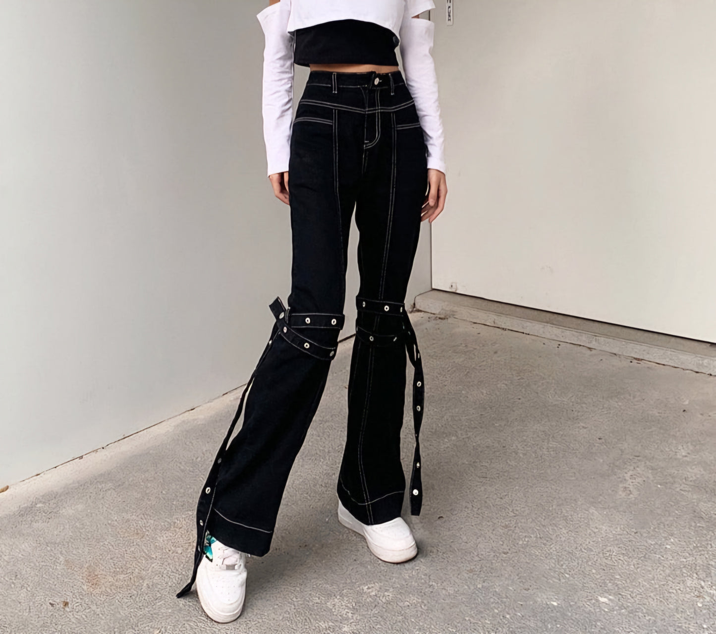 Streetwear Bandage Flare Leg Punk Aesthetics High Waist Denim Black Jeans