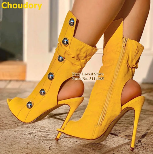 Metal Button Embellished Hollow-Out Open Toe Stiletto Heel Zipper Ankle Boots