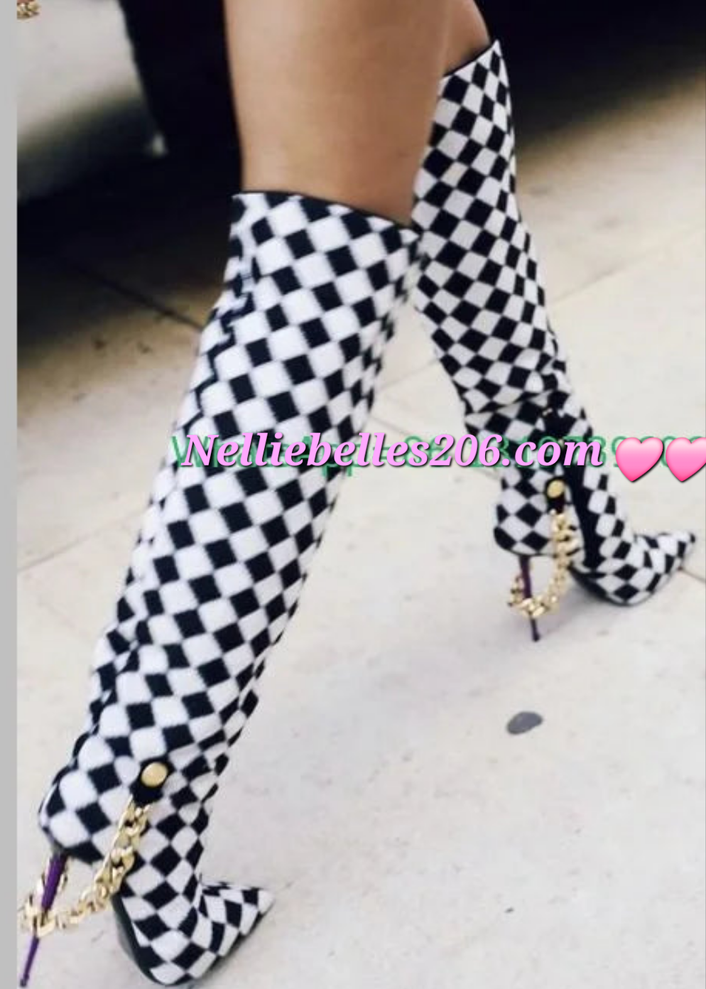 Black/White Checkered Plaid Print Zipper Gold Chain Purple Stiletto Heel Pointed Toe Over-the-Knee  Women's Boots