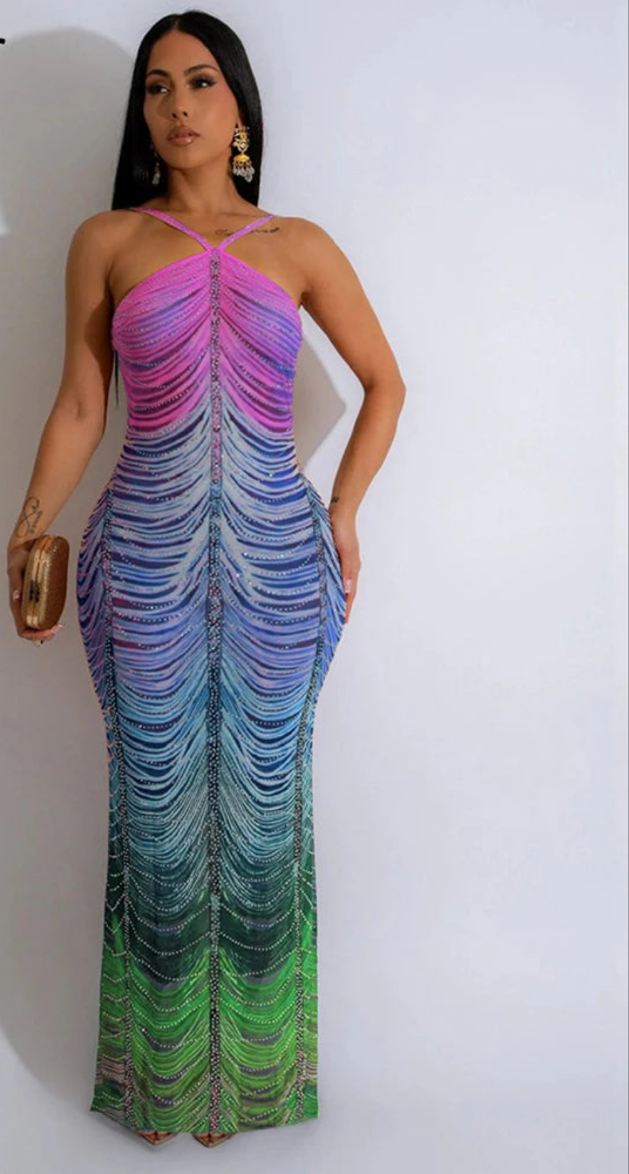 Rainbow Fringe Gradient Colorblock Rhinestone Tie-Dye Print Backless Sleeveless Formal Halter Maxi Dress