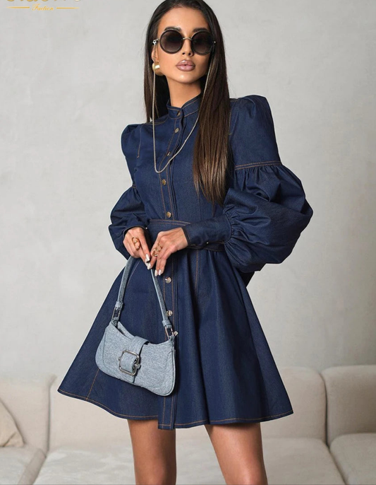 Blue Denim Pleated Button-Up Stand Collar Long Puff Balloon Sleeve High Waist Mini Jean Dress