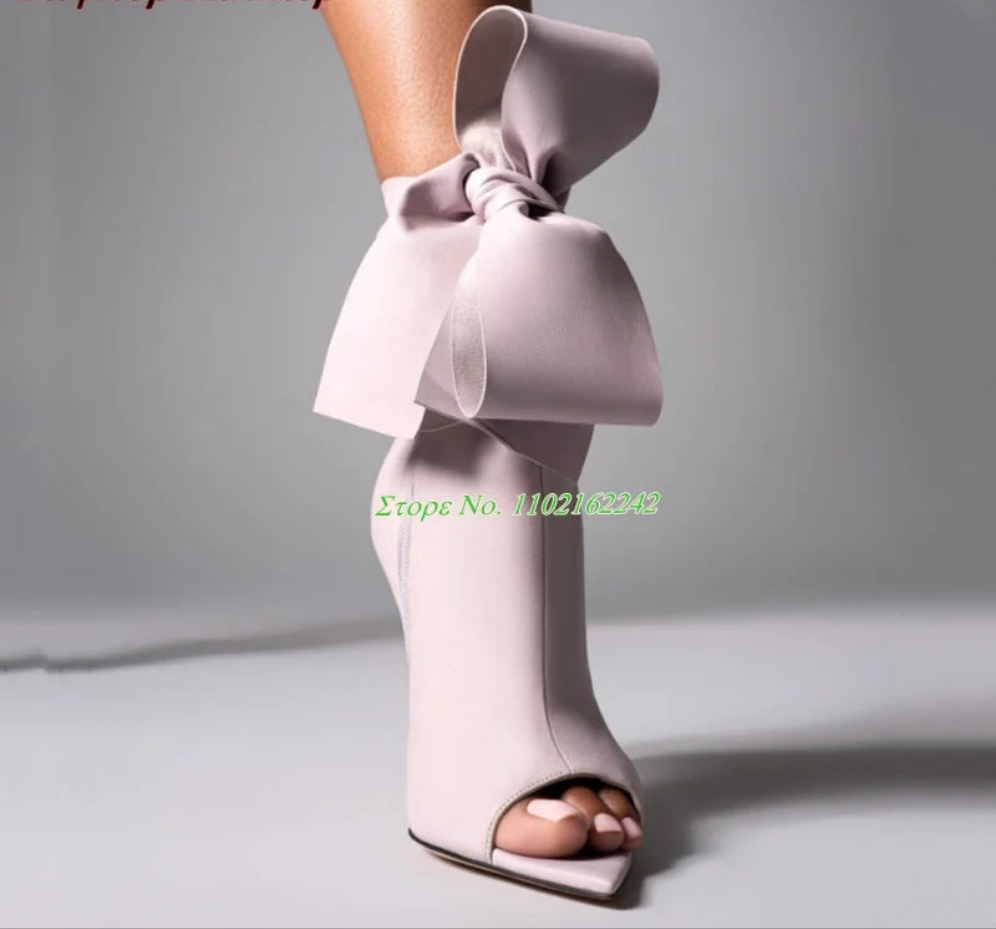 Bowtie Detail Women's Peep Toe Genuine Leather Pointed Toe Stiletto Heel Side Zipper Ankle Boots