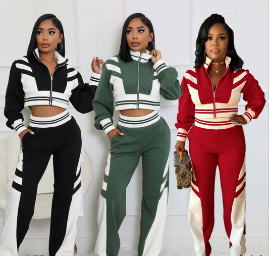 Striped Women's Colorblock Cropped Zipper Jacket + Matching Pants Tracksuit