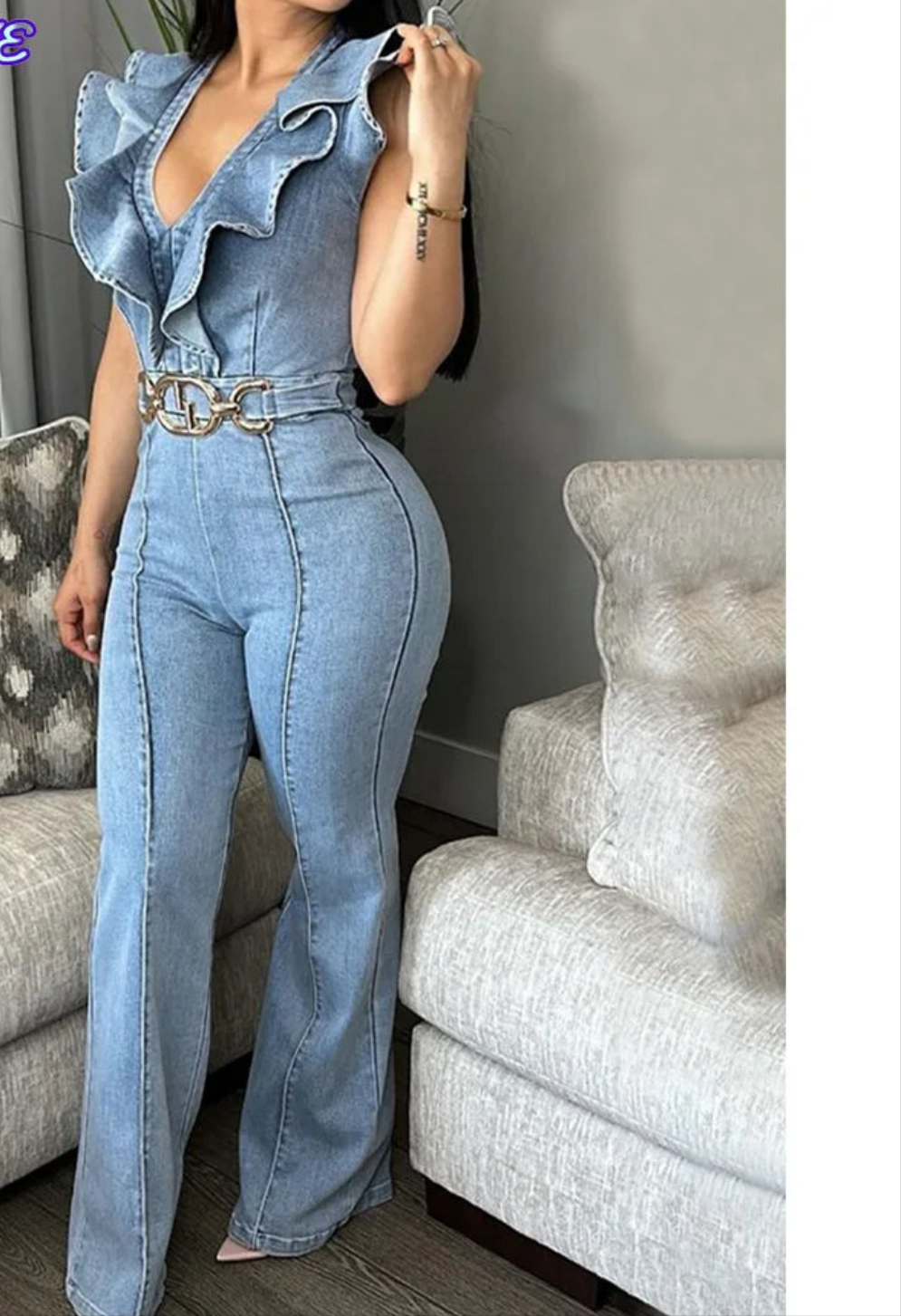 Denim Ruffled Gold Chain Belt Decor V-Neck Women's Sleeveless Lace-Up Bodycon Jean Jumpsuit