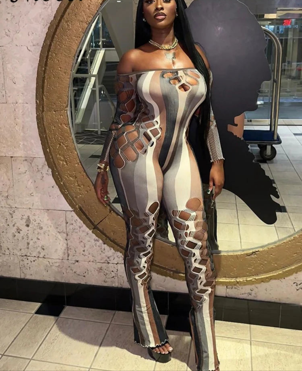 Off-the-Shoulder Colorblock Striped Fishnet Pattern Long Sleeve Women's Jumpsuit