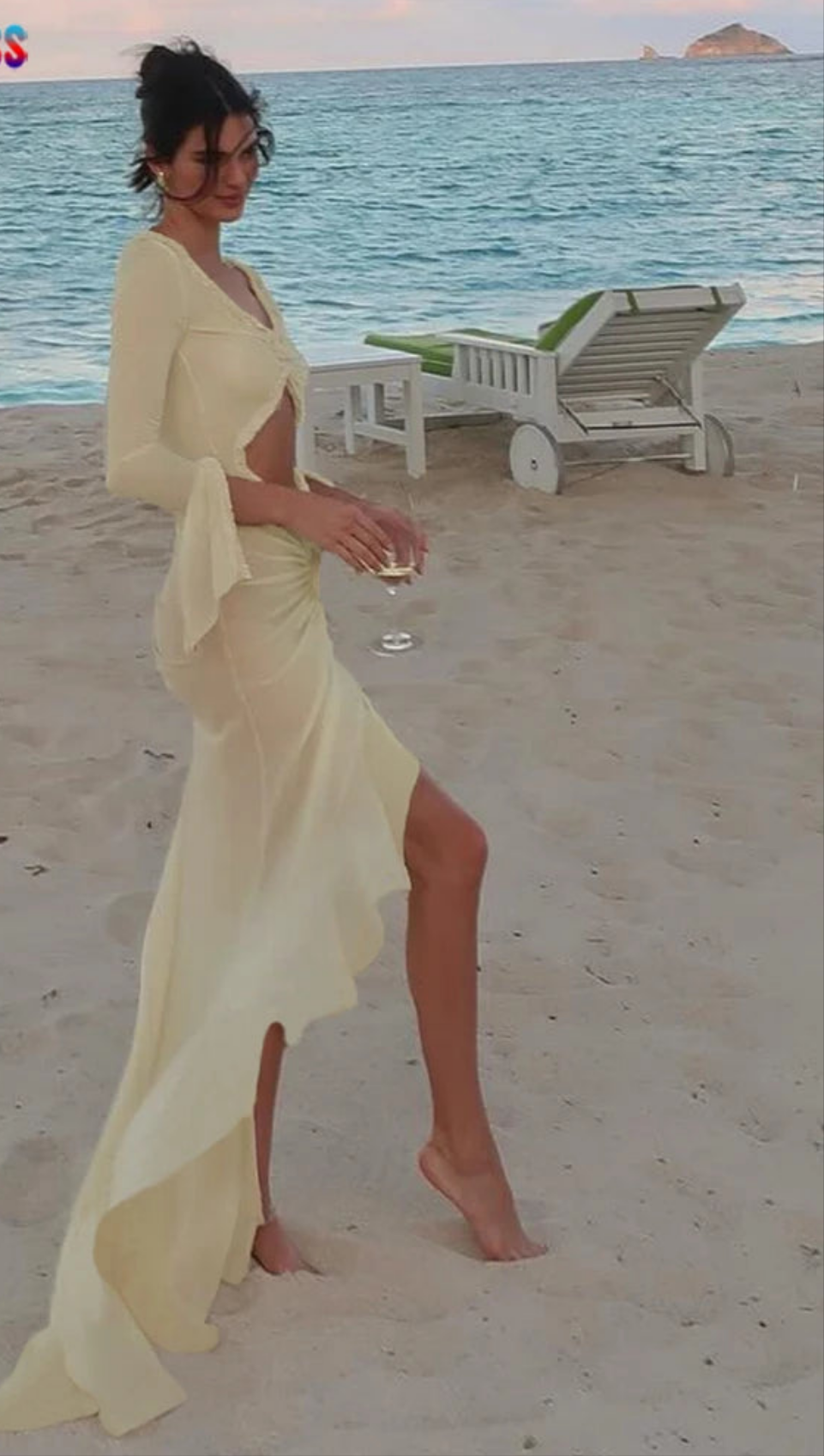 Sheer Transparent Hollow-Out V-Neck High Slit Long Sleeve Ruffled Lace Ruched Bodycon Maxi Dress