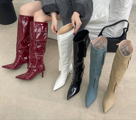 Western Cargo Pocketed Knee High  Pointed Toe Ladies Long Boots