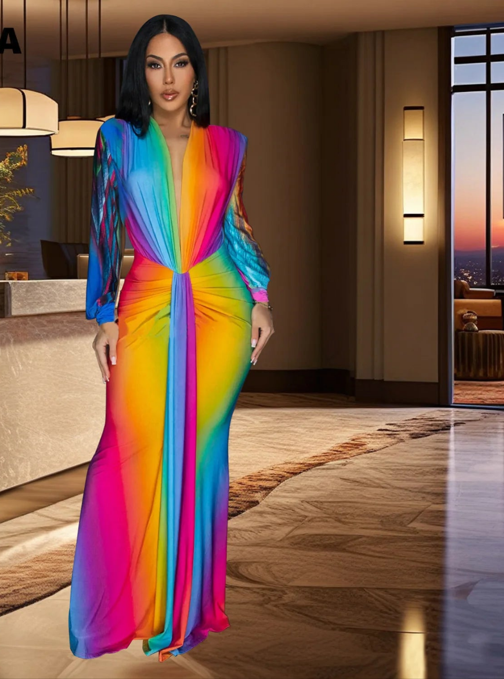 Rainbow Colorblock Gradient V-Neck Long Sleeve Maxi Ruched Maxi Dress