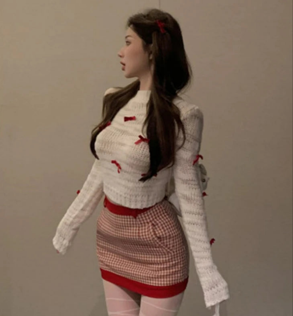 Red Bow Detail Sweater + Knitted Plaid Mini Skirt 2-Piece Sweater Set