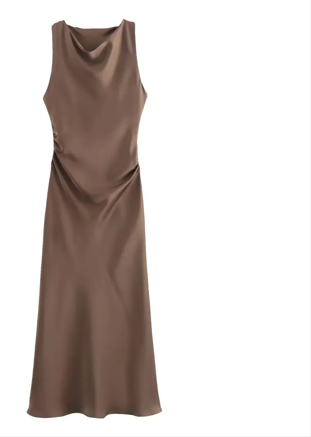 Satin Ruched Pleated Solid Color Sleeveless O-Neck Long Dress