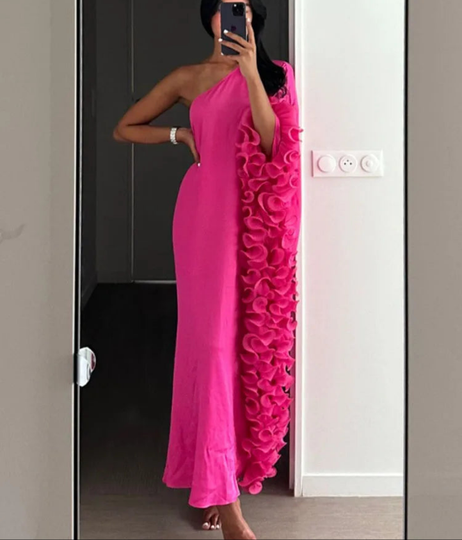 Solid 3D Asymmetrical Oversized One Shoulder Long Sleeve Loose Party Maxi Dress