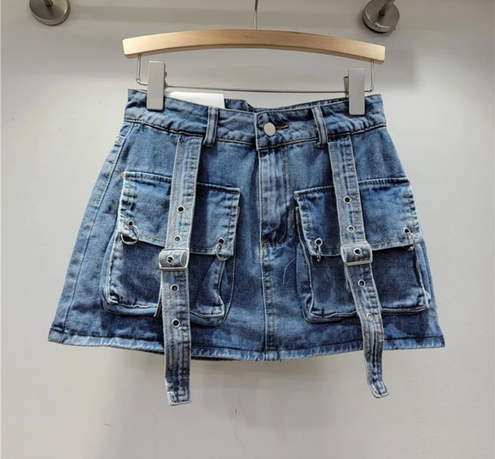 Retro Denim Cargo Big Pocketed Cropped Jacket + Mini Skirt 2-Piece Set
