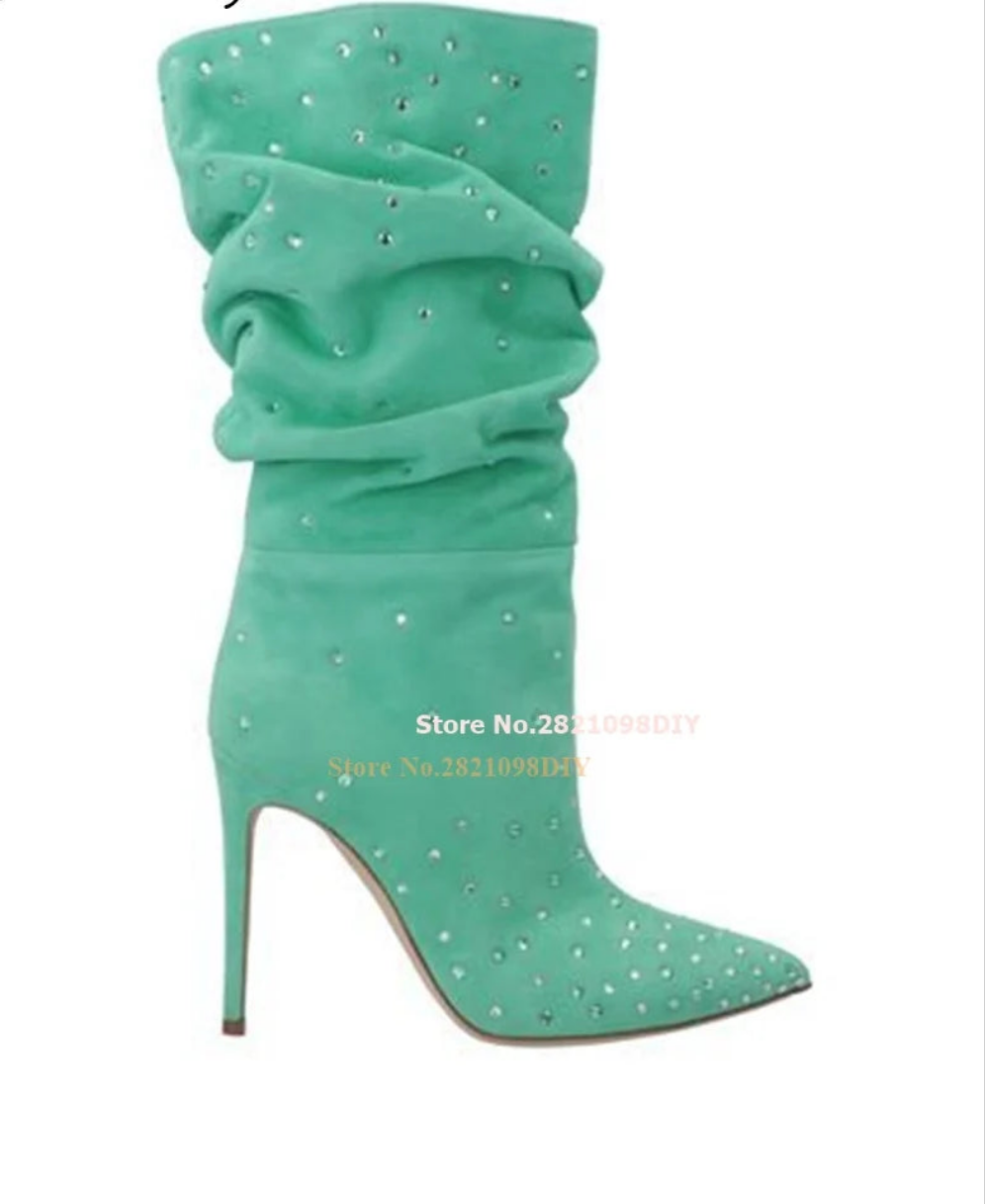 Ruched Rhinestone Embellished Solid Color Suede Crystal Thin Stiletto Heel Women's Ankle Boots