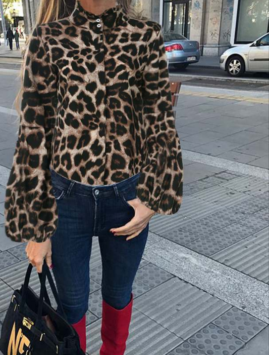 Leopard Print w/ Lantern Sleeve High Collar Ruffled Sleeve Blouse