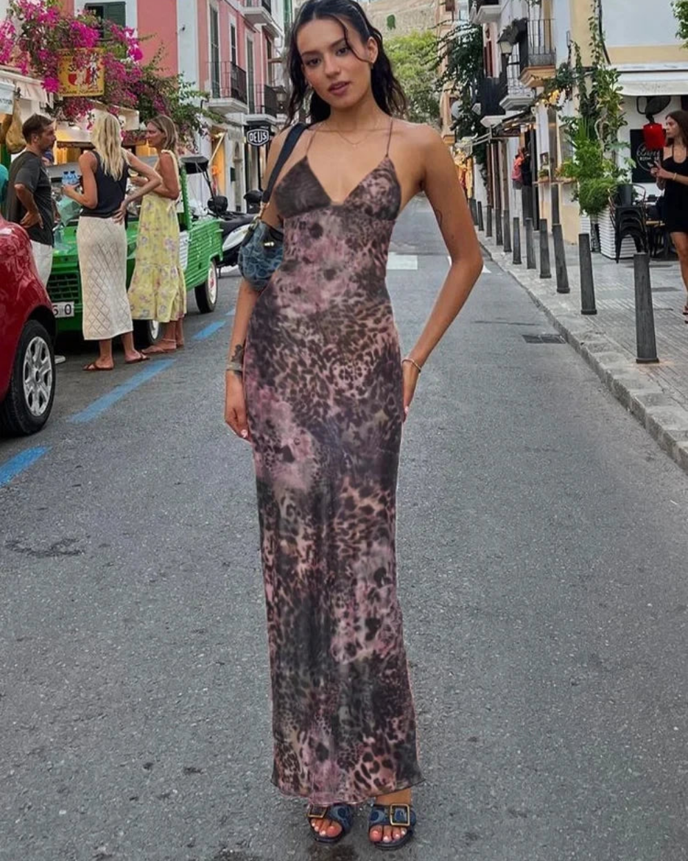 Pink Sleeveless Butterfly Back Strap Design Halter Bandage Backless V-Neck Maxi Dress