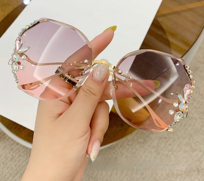 Ombre Gradient Rimless Vintage Bling Rhinestone Women's Sunglasses