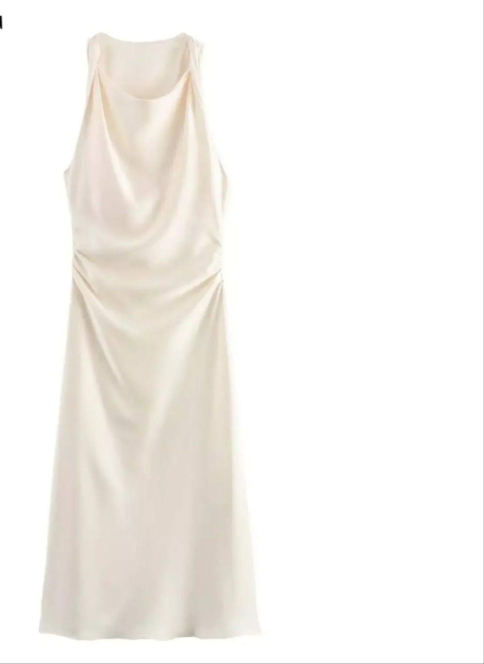 Satin Ruched Pleated Solid Color Sleeveless O-Neck Long Dress