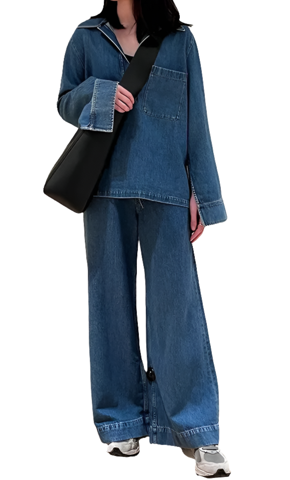 Baggy Denim Women's Long Sleeve Pullover Blouse + Drawstring Wide Leg Jeans 2-Piece Sets