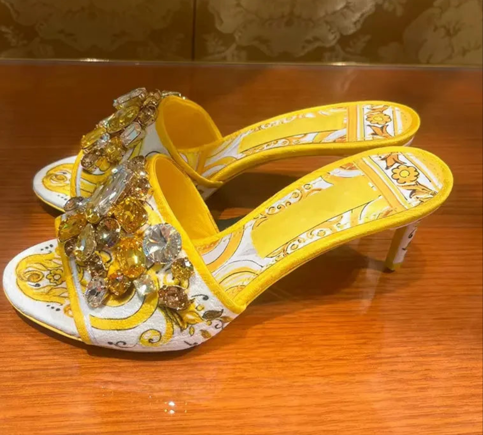 Baroque Print Rhinestone Designer Women's Open Toe Stiletto Slipper Sandals