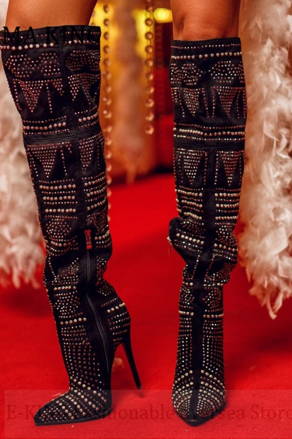 Crystal Rhinestone Embellished Pattern Over-the-Knee Pointed Toe Stiletto Heel Thigh High Boots