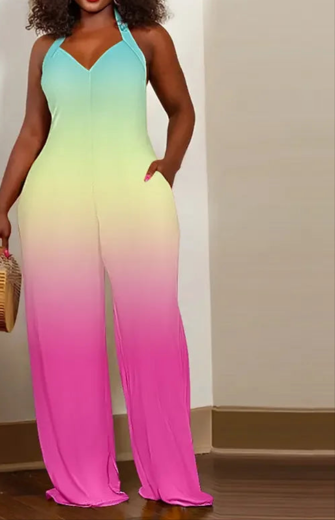 Gradient Colorblock Ombre Sleeveless Halter V-Neck Pocketed Loose Straight Leg Jumpsuit