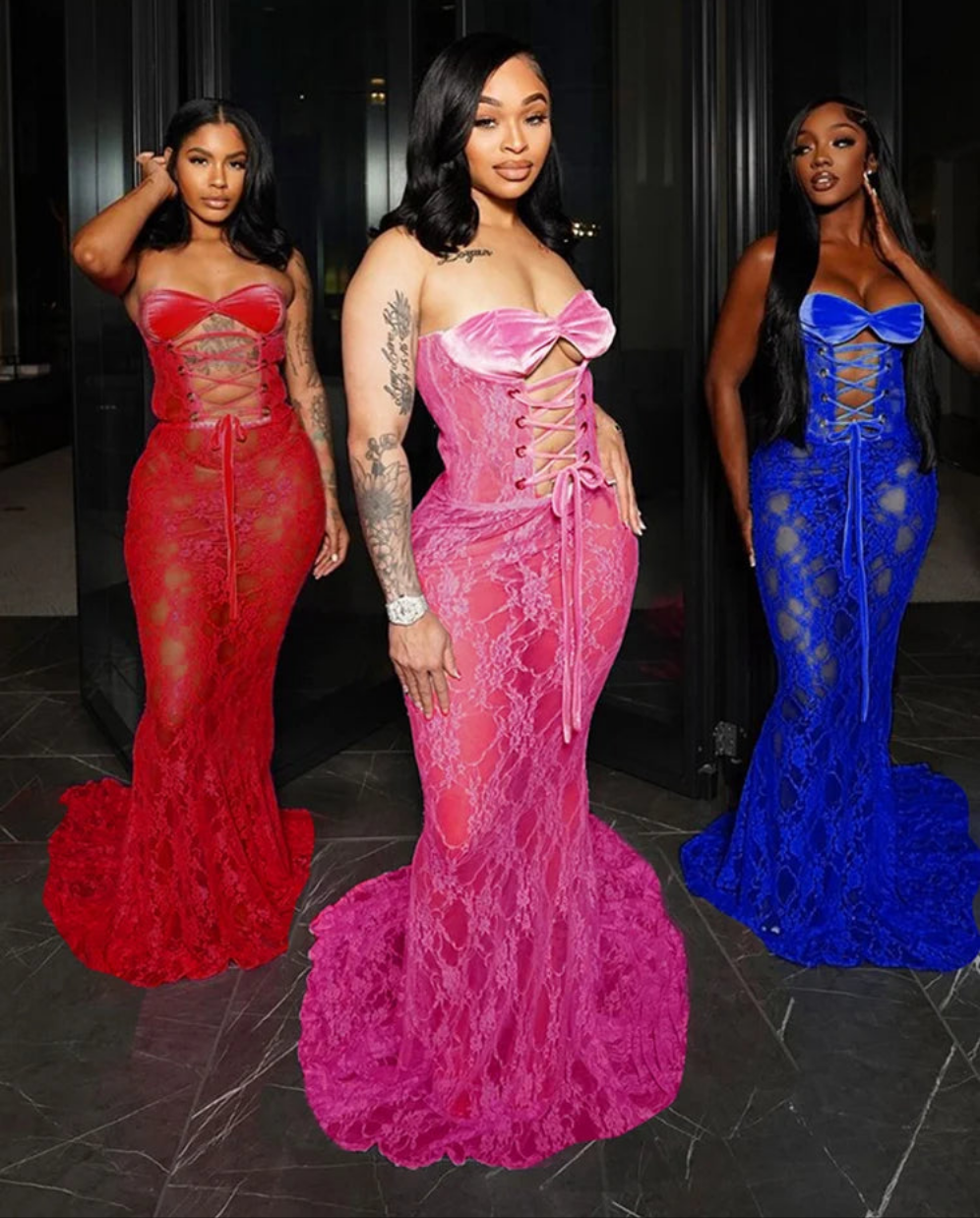 Fishtail Mesh Lace Patchwork Strapless Shirring Hollow-Out Bodycon Maxi Formal Party/Prom Trumpet Mermaid Dress