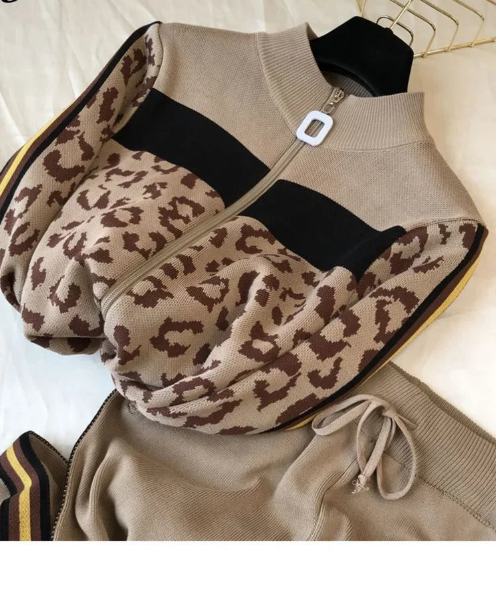 Leopard Colorblock Women's Zipper Cardigan Sweater + Knitted Side Striped Pants 2-Piece Set