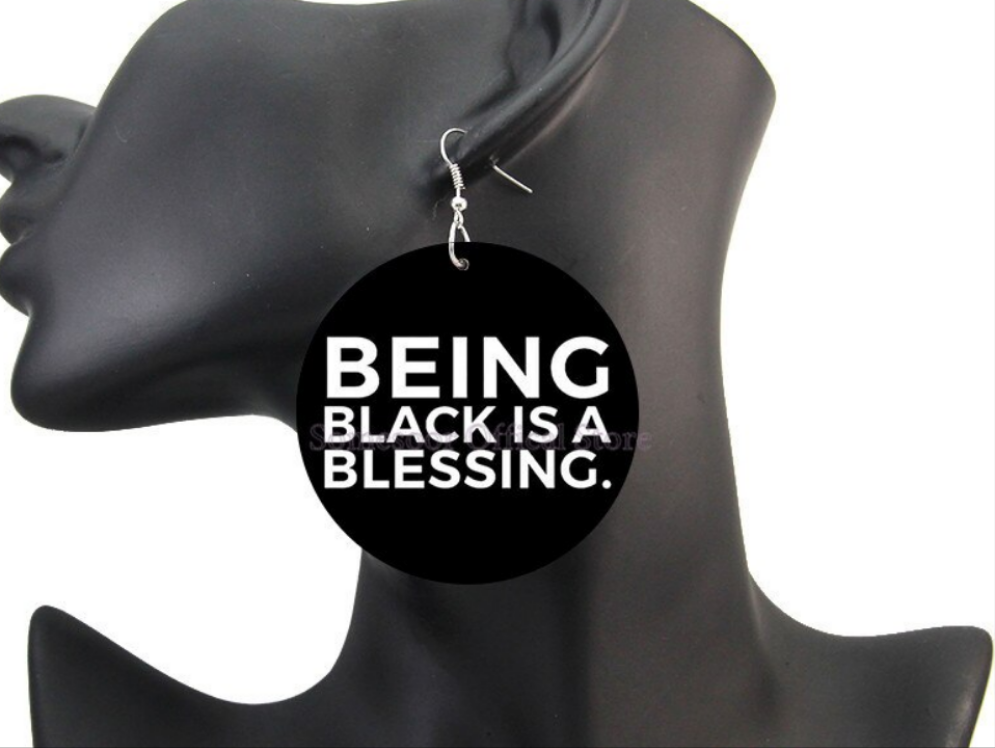 Black African-American Quote Print Women's Wood Drop Earrings