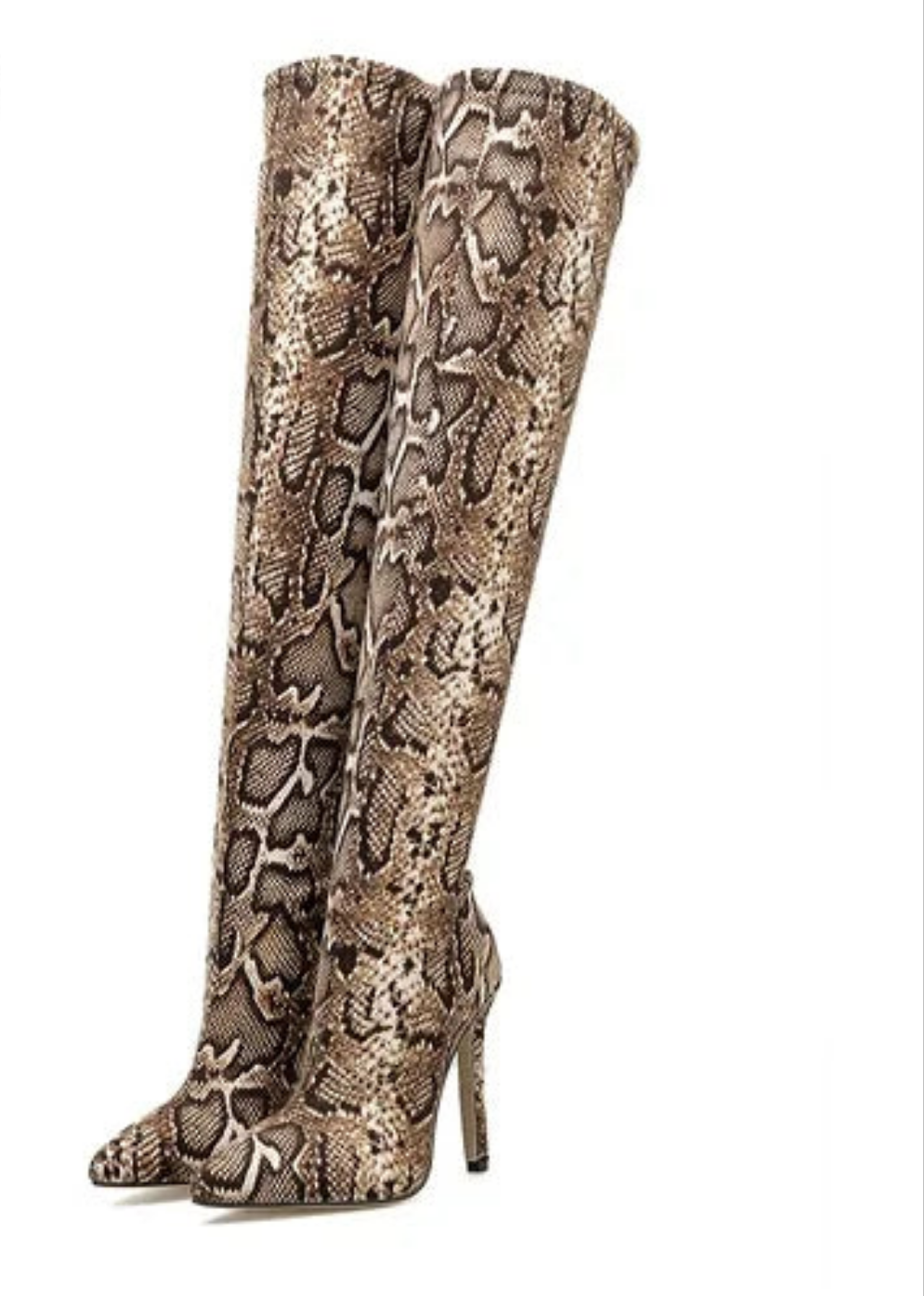 Leopard Grain Serpentine Pointed Toe Thigh High Over-the-Knee Stiletto Heel Stretch Boots