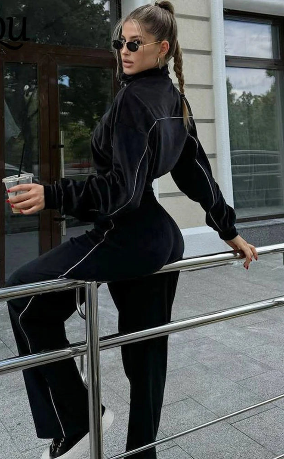 Velvet Solid Color Zipper Lapel Jacket + Wide Leg Sweatpants Women's Tracksuit