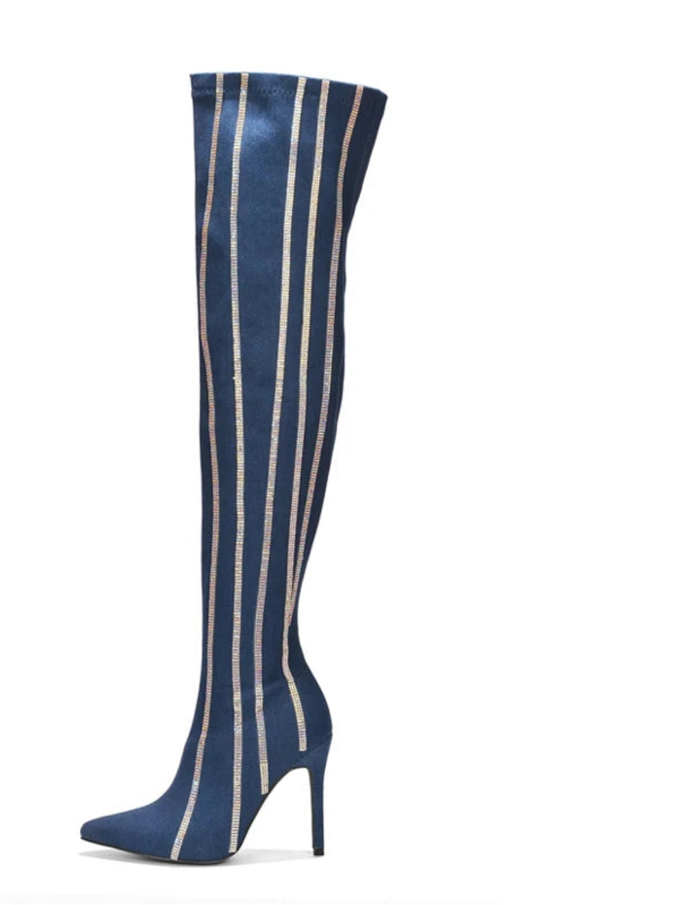 Striped Denim Over-the-knee Glitter Crystal Embellished Pointed Toe Stiletto Heel Jean Boots