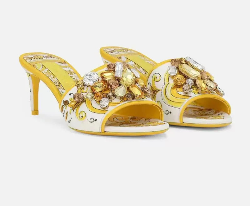 Baroque Print Rhinestone Designer Women's Open Toe Stiletto Slipper Sandals