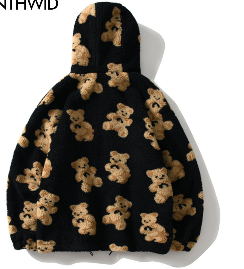 Men's Fleece Teddy Bear Print Fleece Zipper Hoodie Jacket