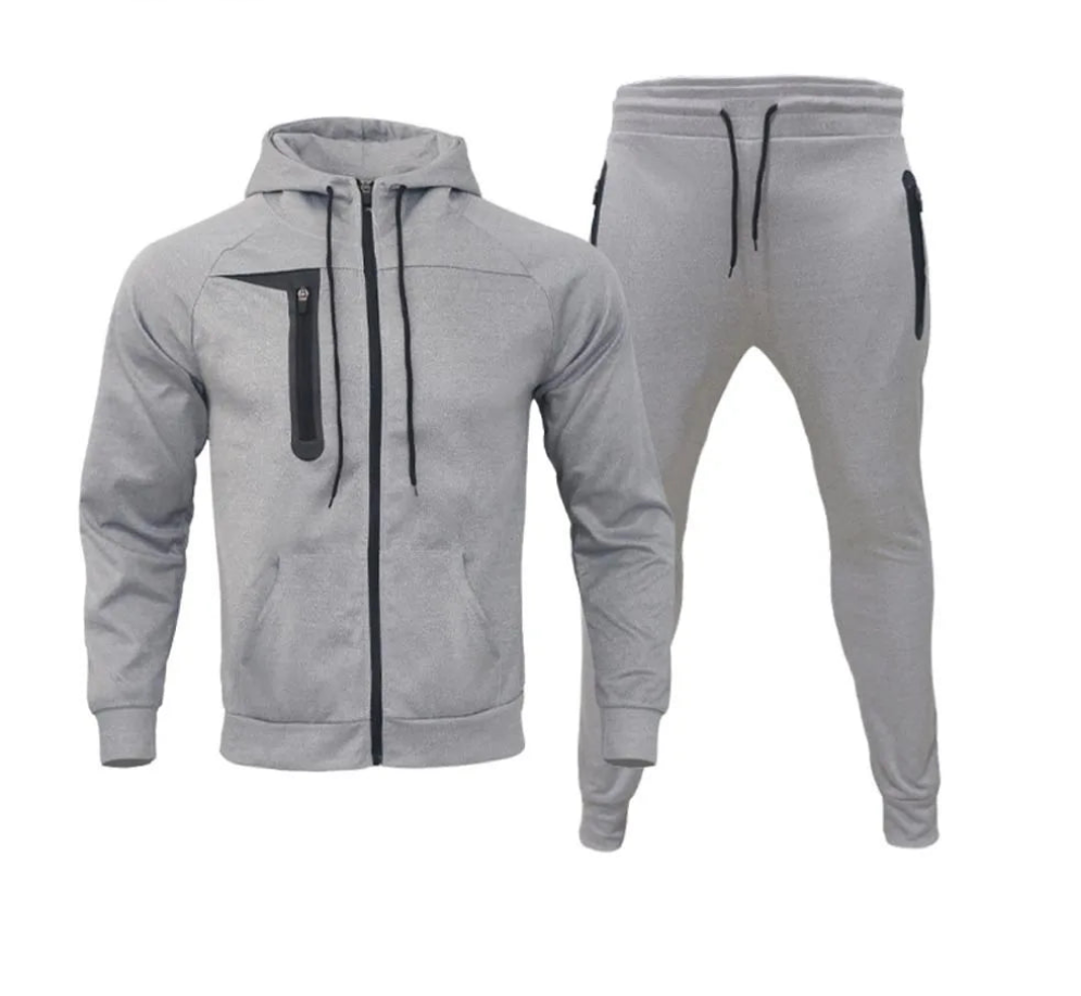 Men's Drawstring Zipper Cut-Out Hoodie Sweat Jacket + Elastic Waist Sweatpants Tracksuit