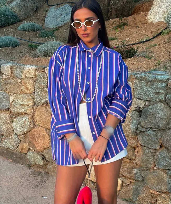 Striped Turn-Down Collar Long Sleeve Single Breasted Blouse + Elastic Waist Pants Women's 2-Piece Set