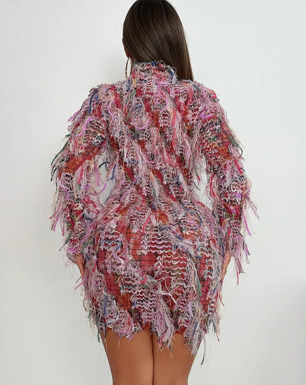 Crochet Rainbow Color Sheer Transparent Tassel Fringe Design Skin Tight Long Sleeve Bodycon Mini Club Dress
